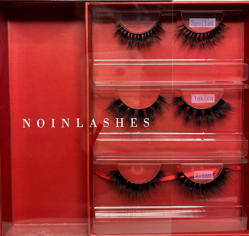 Set of false eyelashes in a red box with 'NOINLASHES' branding.